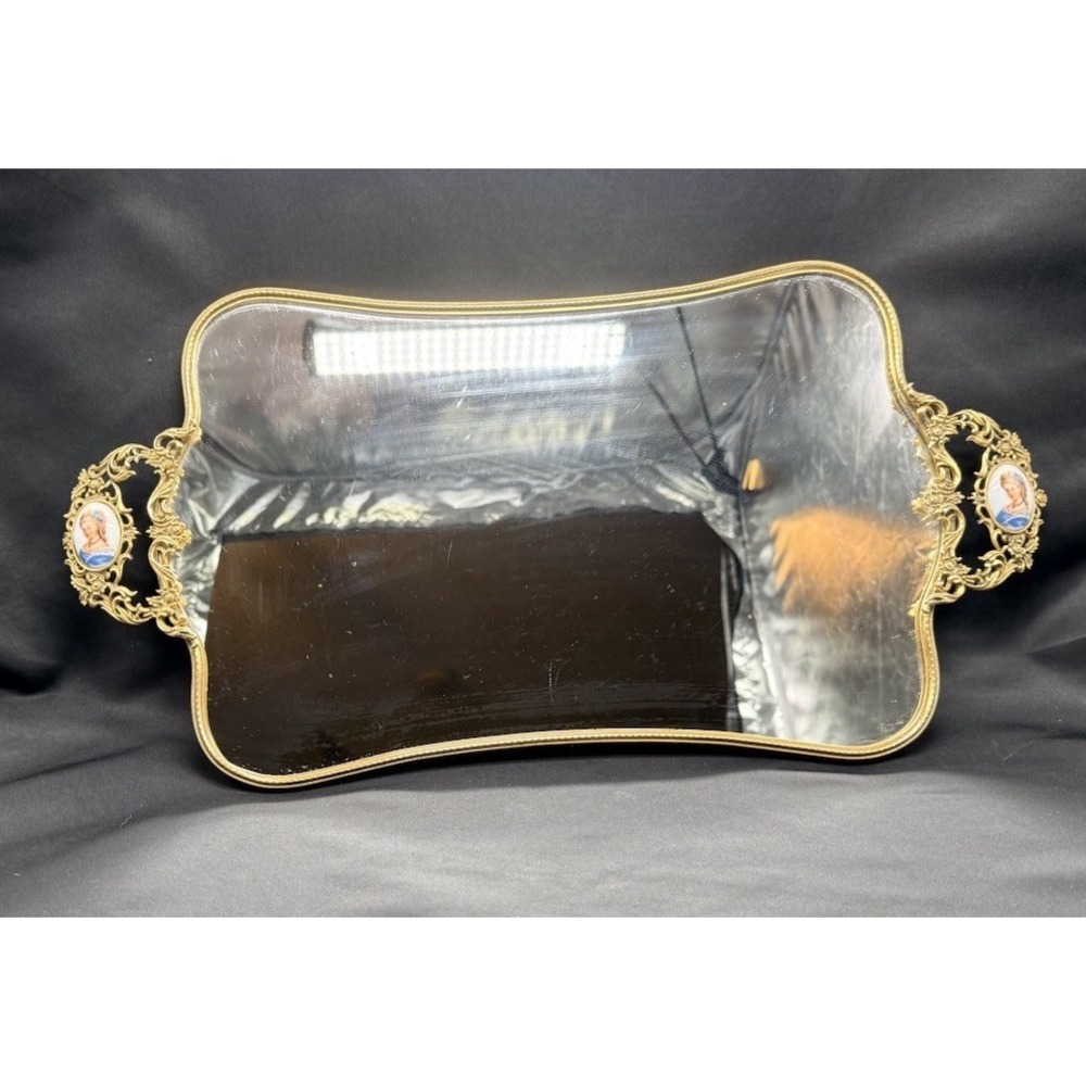 Vintage Gold Ormolu Roses Dresser Mirror Tray  Limoges Porcelain Handles